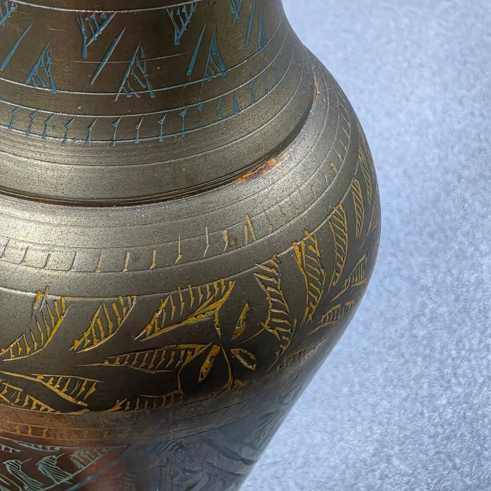 Colored Etched Brass Bud Vase Excellent Enamel‎ Detail